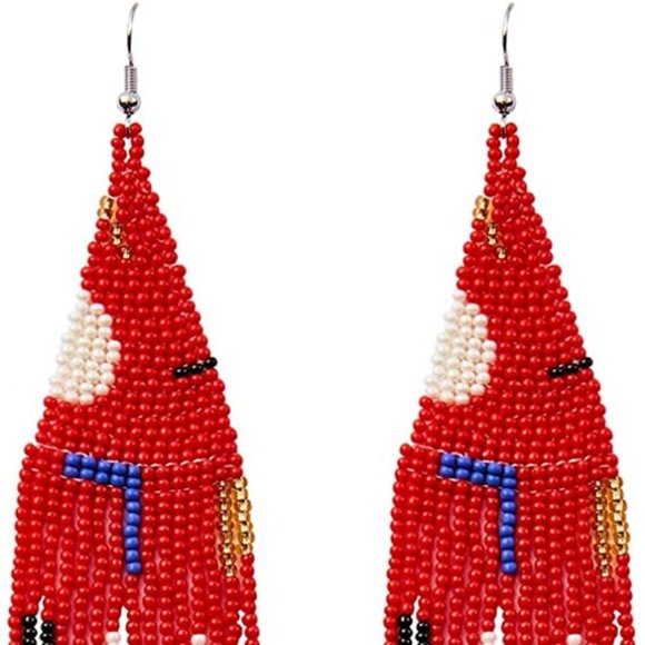 Red Abstract Shapes Long 5" Multicolor Earrings Beaded Oversized Bohemian New - Picture 2 of 5